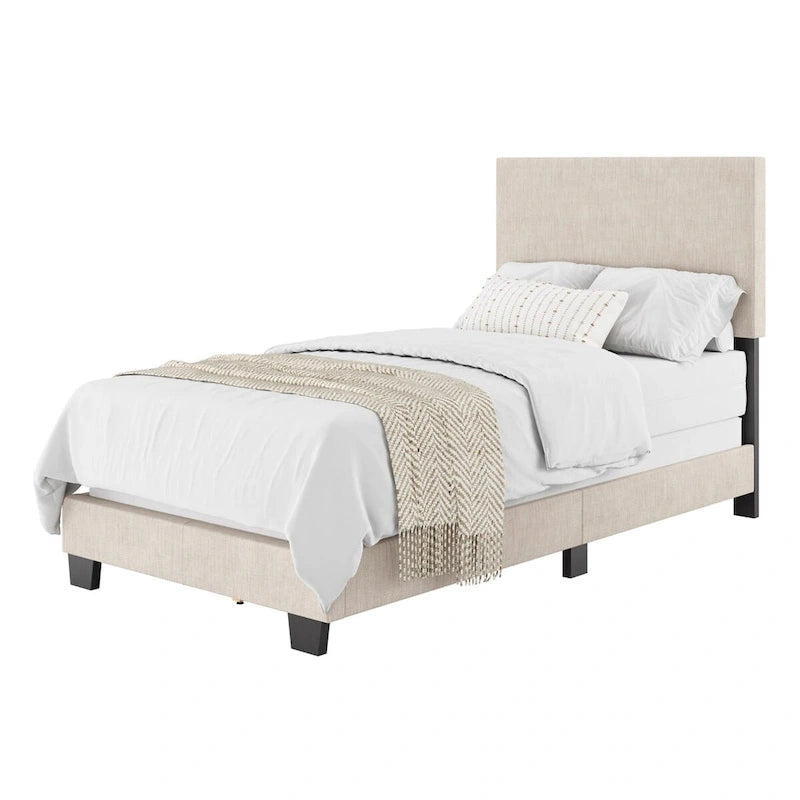 Lit plateforme capitonné jumeau avec tête de lit en tissu rembourré, pied de lit bas et pieds en bois coniques bleus