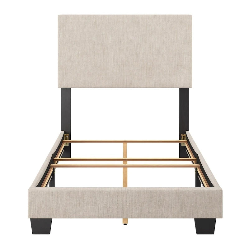 Lit plateforme capitonné jumeau avec tête de lit en tissu rembourré, pied de lit bas et pieds en bois coniques bleus