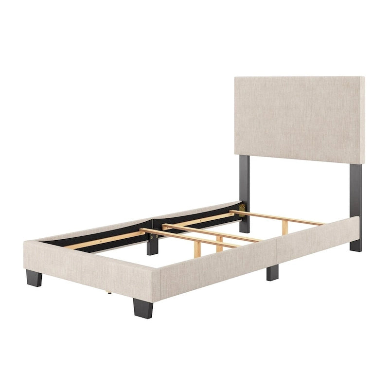 Lit plateforme capitonné jumeau avec tête de lit en tissu rembourré, pied de lit bas et pieds en bois coniques bleus
