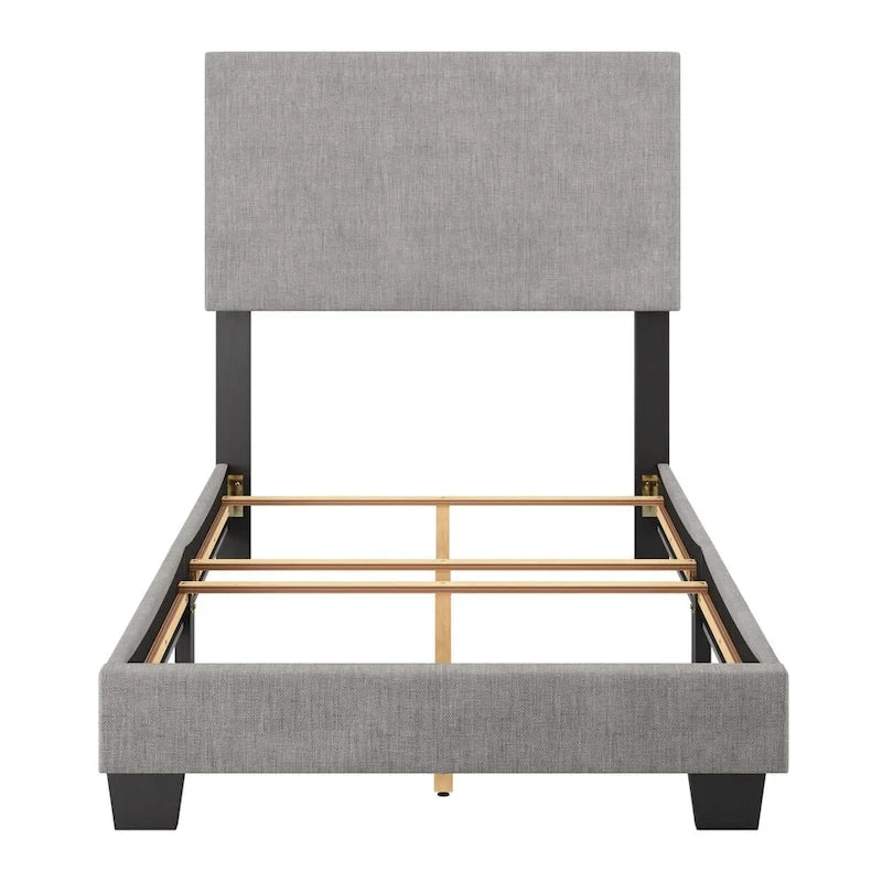 Lit plateforme capitonné jumeau avec tête de lit en tissu rembourré, pied de lit bas et pieds en bois coniques bleus