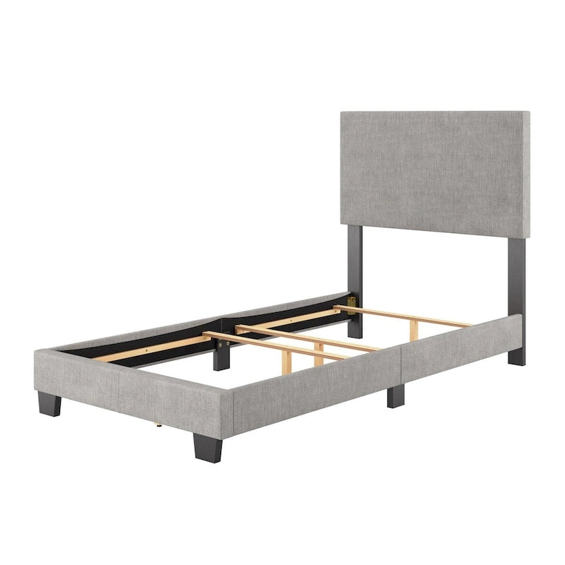 Lit plateforme capitonné jumeau avec tête de lit en tissu rembourré, pied de lit bas et pieds en bois coniques bleus