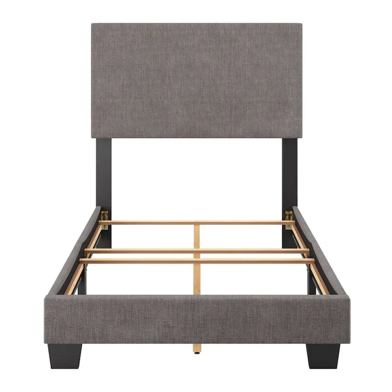 Lit plateforme capitonné jumeau avec tête de lit en tissu rembourré, pied de lit bas et pieds en bois coniques bleus