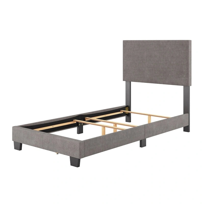 Lit plateforme capitonné jumeau avec tête de lit en tissu rembourré, pied de lit bas et pieds en bois coniques bleus