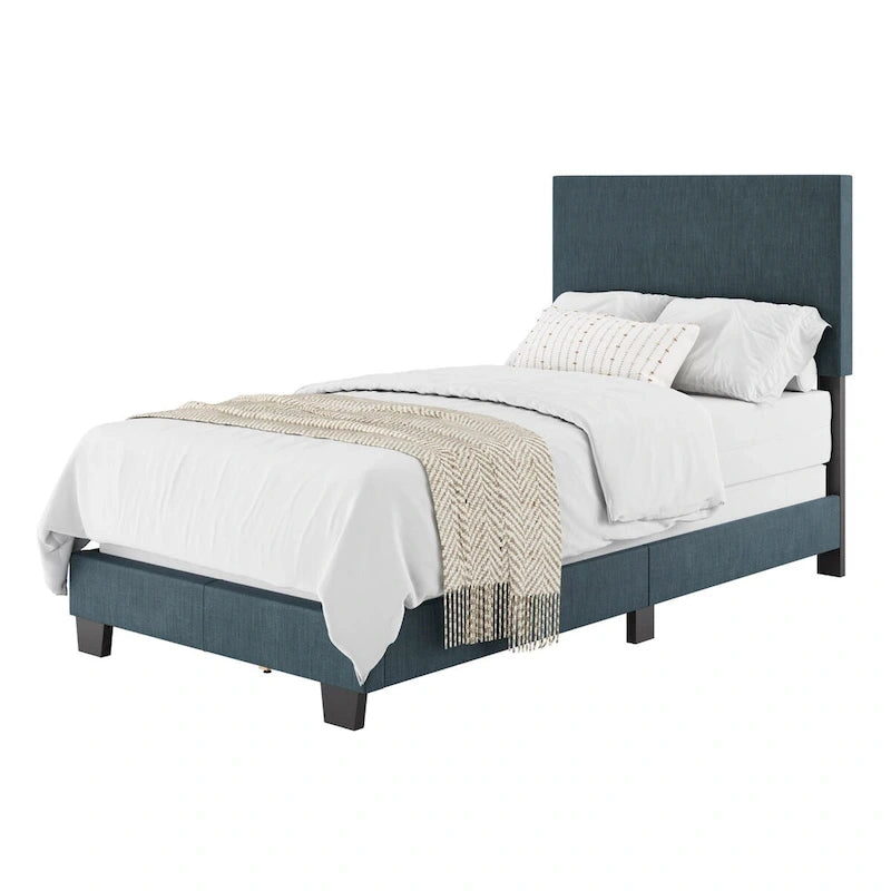 Lit plateforme capitonné jumeau avec tête de lit en tissu rembourré, pied de lit bas et pieds en bois coniques bleus