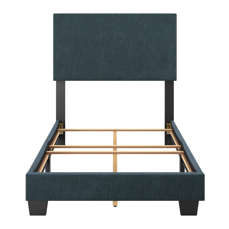 Lit plateforme capitonné jumeau avec tête de lit en tissu rembourré, pied de lit bas et pieds en bois coniques bleus