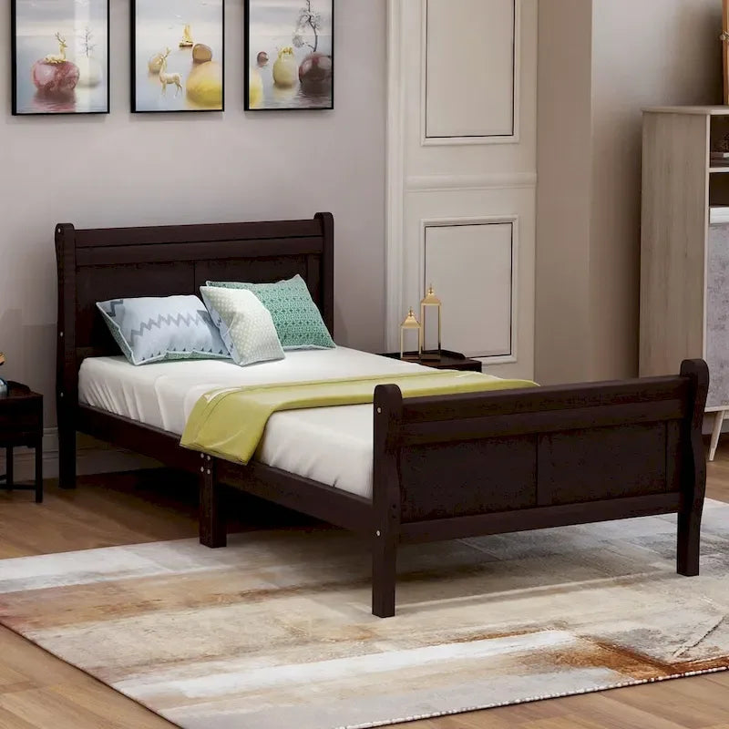 Oaks Aura Wood Platform Bed Twin Bed Frame Mattress Foundation Sleigh Bed with Headboard/Footboard/Wood Slat Support