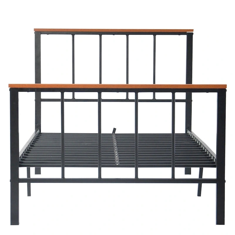 Lit plateforme en métal industriel avec tête et pied de lit à barreaux et rails en bois décoratifs noirs