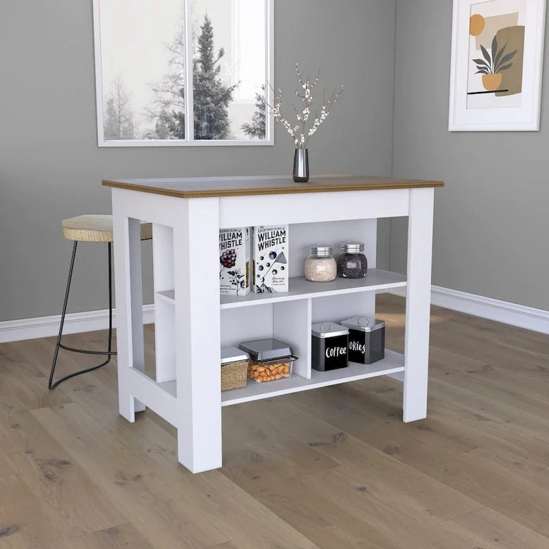 Table à manger îlot de cuisine en bois avec étagères de rangement ouvertes et plateau bicolore noir