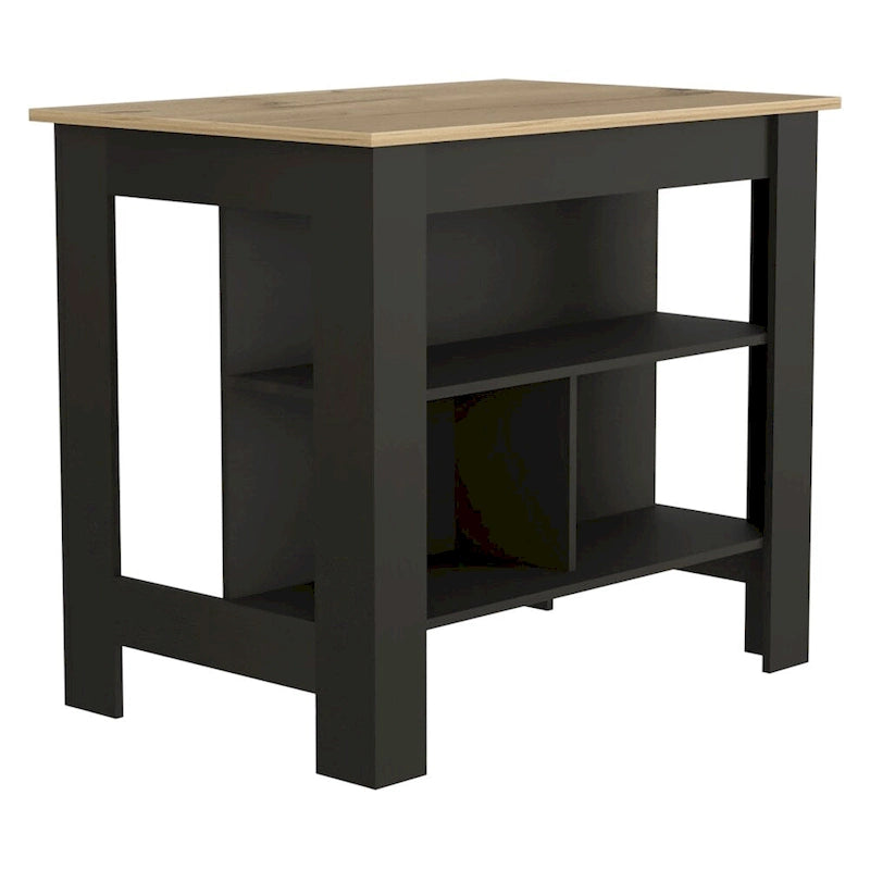 Table à manger îlot de cuisine en bois avec étagères de rangement ouvertes et plateau bicolore noir