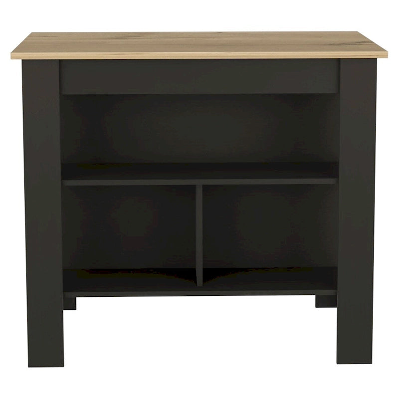 Table à manger îlot de cuisine en bois avec étagères de rangement ouvertes et plateau bicolore noir
