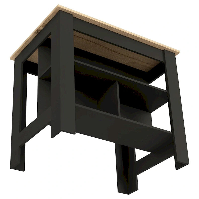 Table à manger îlot de cuisine en bois avec étagères de rangement ouvertes et plateau bicolore noir