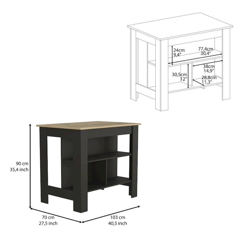 Table à manger îlot de cuisine en bois avec étagères de rangement ouvertes et plateau bicolore noir