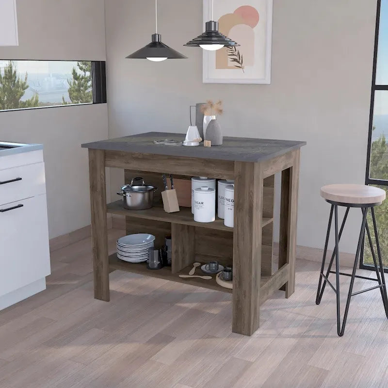 Table à manger îlot de cuisine en bois avec étagères de rangement ouvertes et plateau bicolore noir