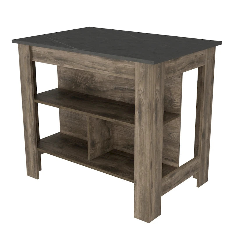 Table à manger îlot de cuisine en bois avec étagères de rangement ouvertes et plateau bicolore noir