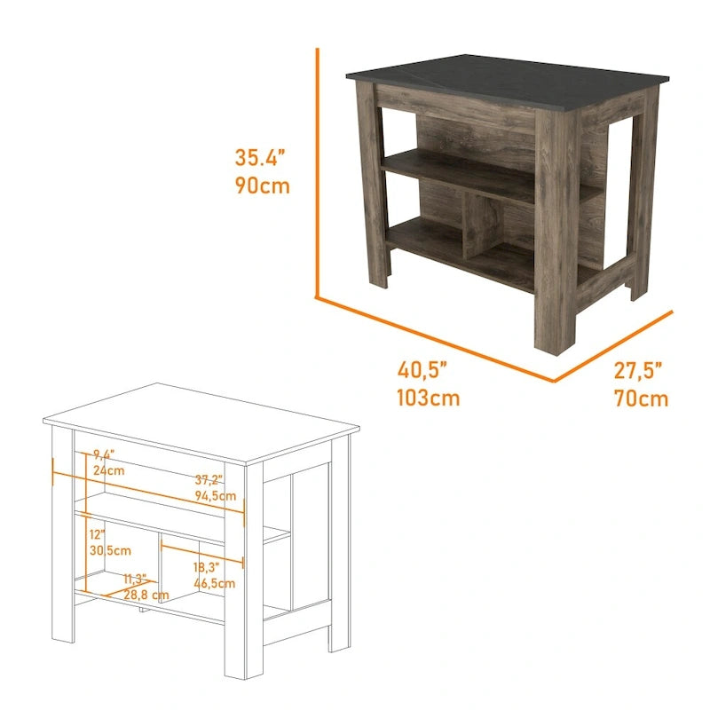 Table à manger îlot de cuisine en bois avec étagères de rangement ouvertes et plateau bicolore noir