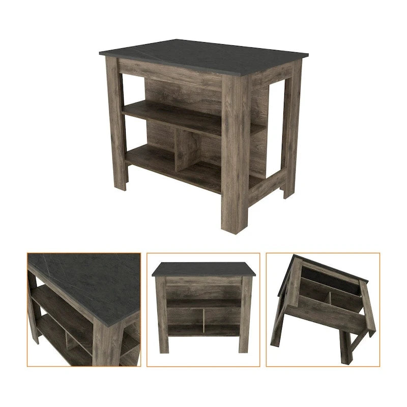 Table à manger îlot de cuisine en bois avec étagères de rangement ouvertes et plateau bicolore noir
