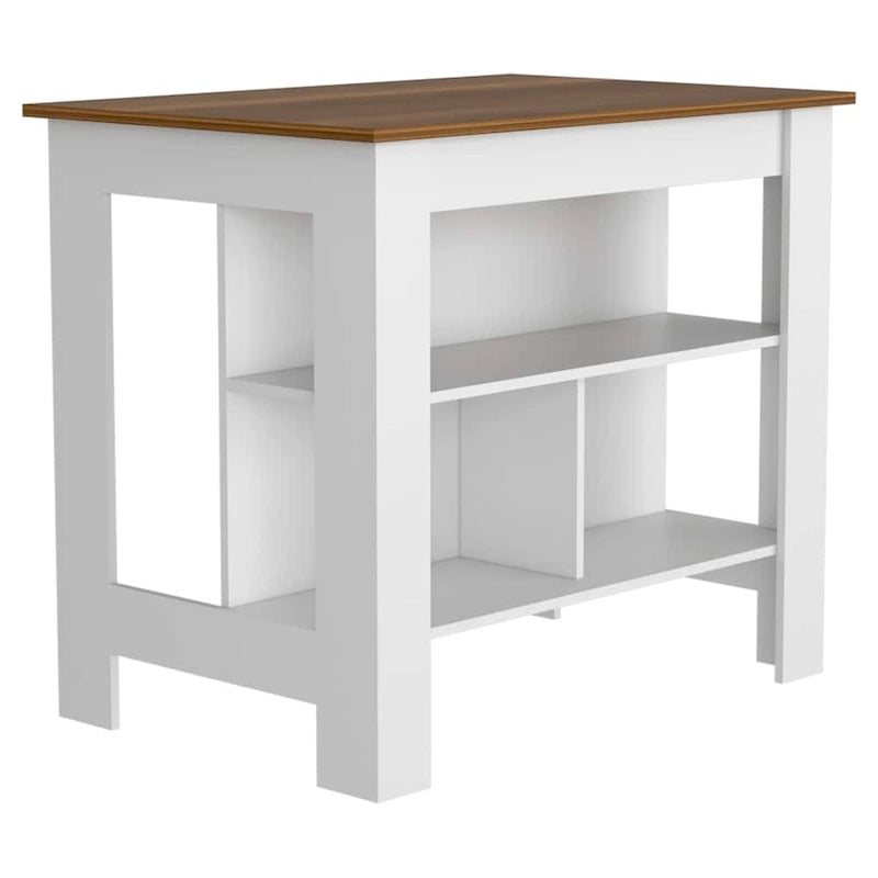 Table à manger îlot de cuisine en bois avec étagères de rangement ouvertes et plateau bicolore noir