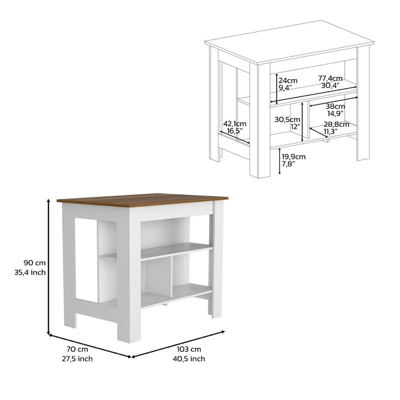 Table à manger îlot de cuisine en bois avec étagères de rangement ouvertes et plateau bicolore noir