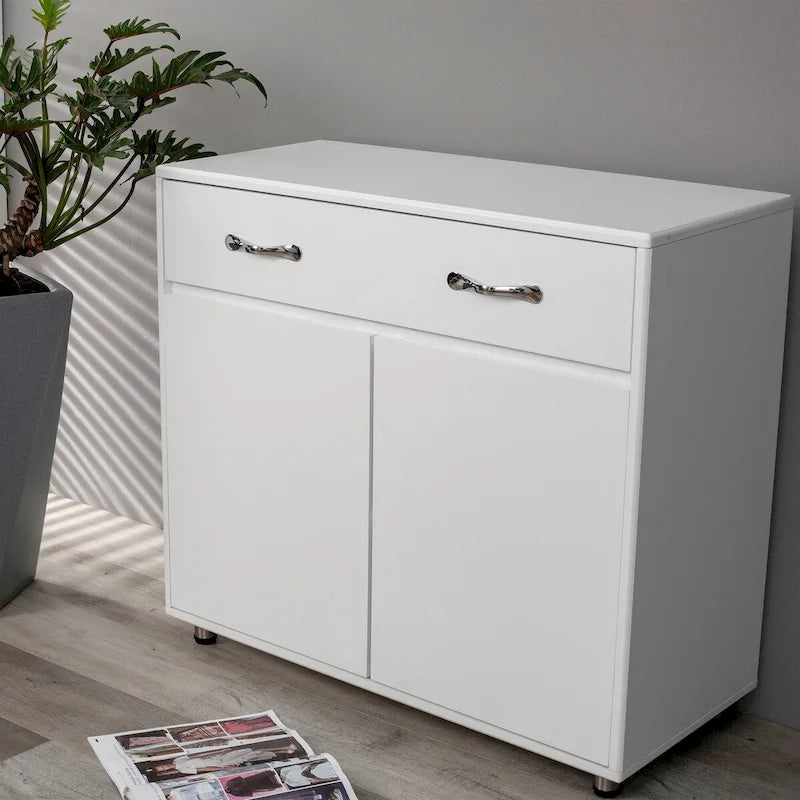 Buffet moderne avec 3 tiroirs et 3 portes Pieds en acier Blanc