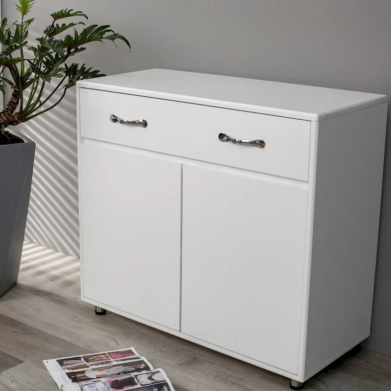 Buffet moderne avec 3 tiroirs et 3 portes Pieds en acier Blanc