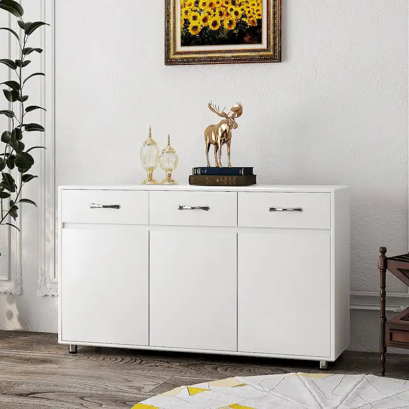 Buffet moderne avec 3 tiroirs et 3 portes Pieds en acier Blanc