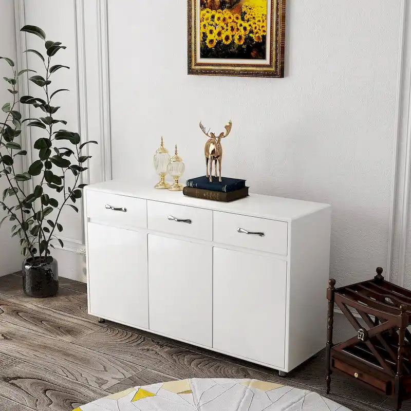 Buffet moderne avec 3 tiroirs et 3 portes Pieds en acier Blanc
