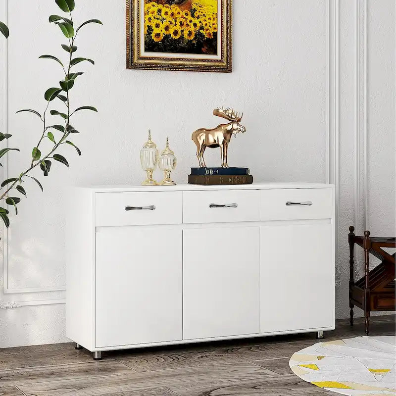 Buffet moderne avec 3 tiroirs et 3 portes Pieds en acier Blanc