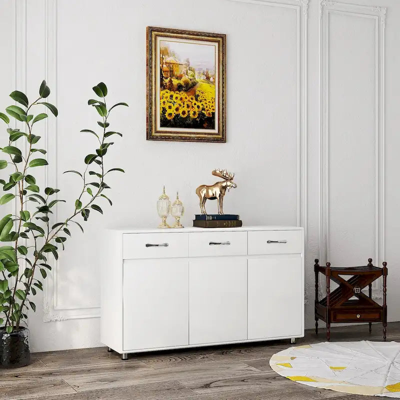 Buffet moderne avec 3 tiroirs et 3 portes Pieds en acier Blanc