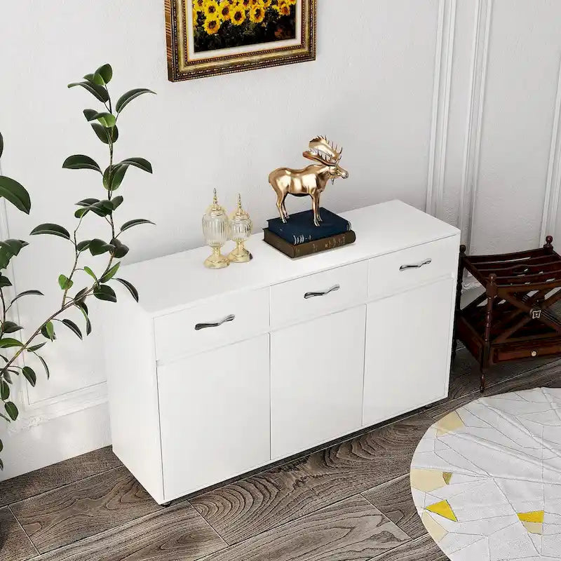 Buffet moderne avec 3 tiroirs et 3 portes Pieds en acier Blanc
