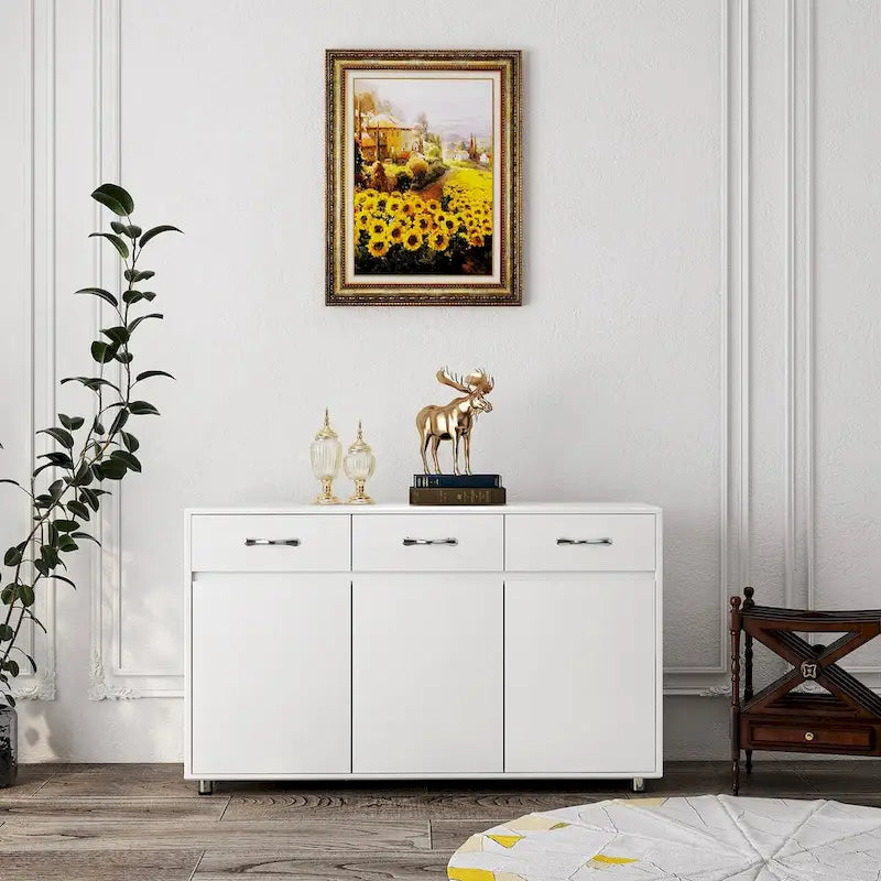 Buffet moderne avec 3 tiroirs et 3 portes Pieds en acier Blanc