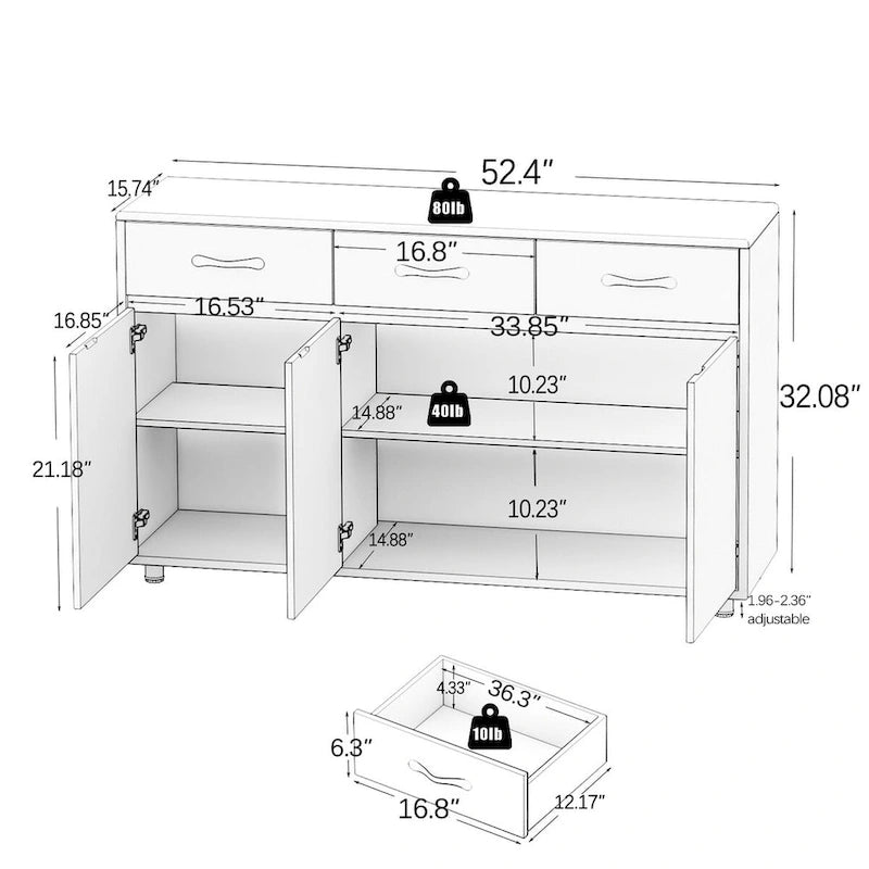Buffet moderne avec 3 tiroirs et 3 portes Pieds en acier Blanc