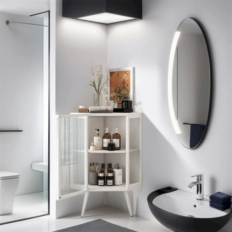 Meuble d'angle avec portes en verre trempé nervuré et cadre en métal noir
