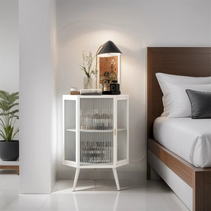 Meuble d'angle avec portes en verre trempé nervuré et cadre en métal noir
