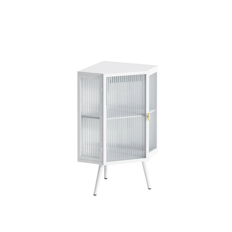 Meuble d'angle avec portes en verre trempé nervuré et cadre en métal noir