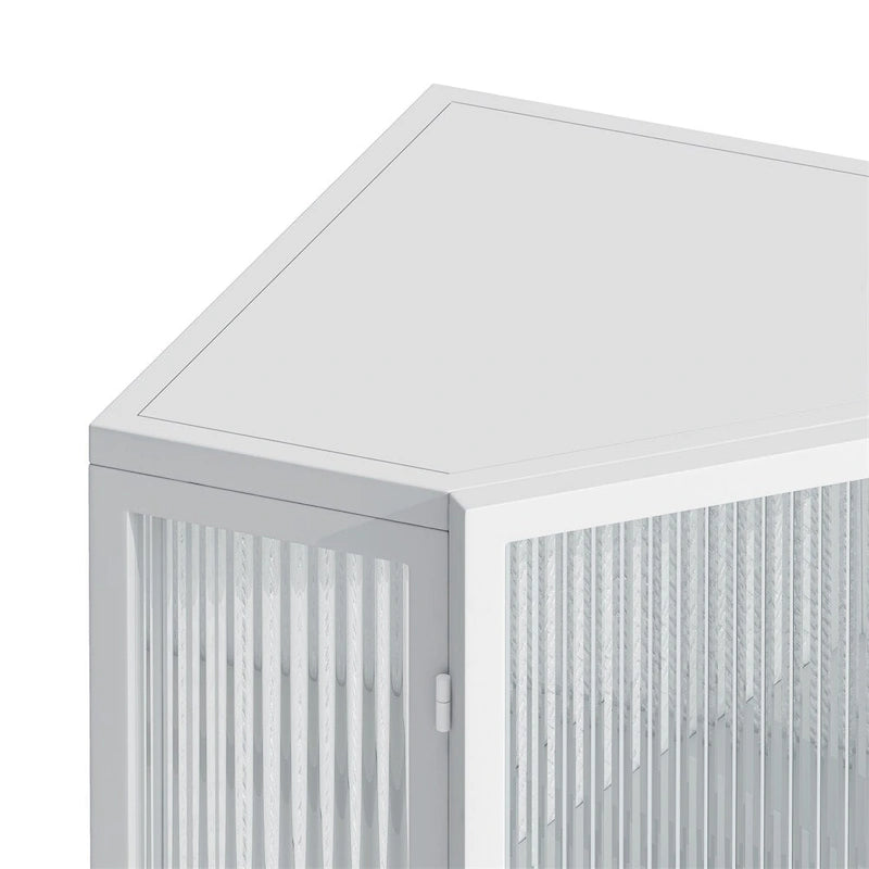 Meuble d'angle avec portes en verre trempé nervuré et cadre en métal noir