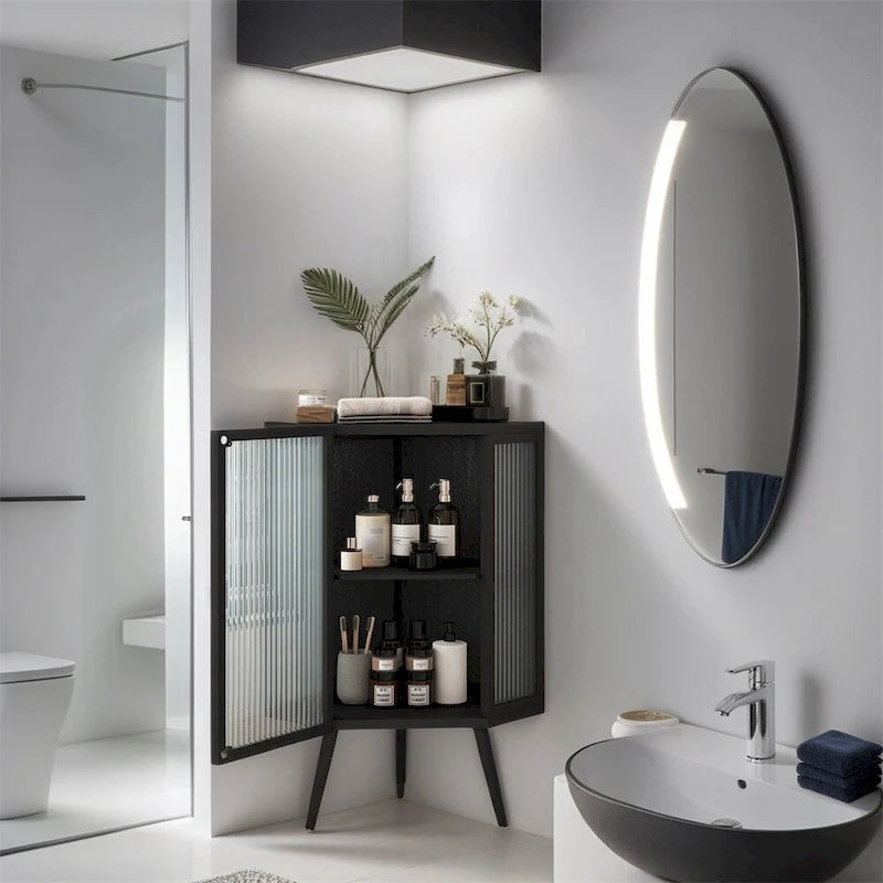 Meuble d'angle avec portes en verre trempé nervuré et cadre en métal noir