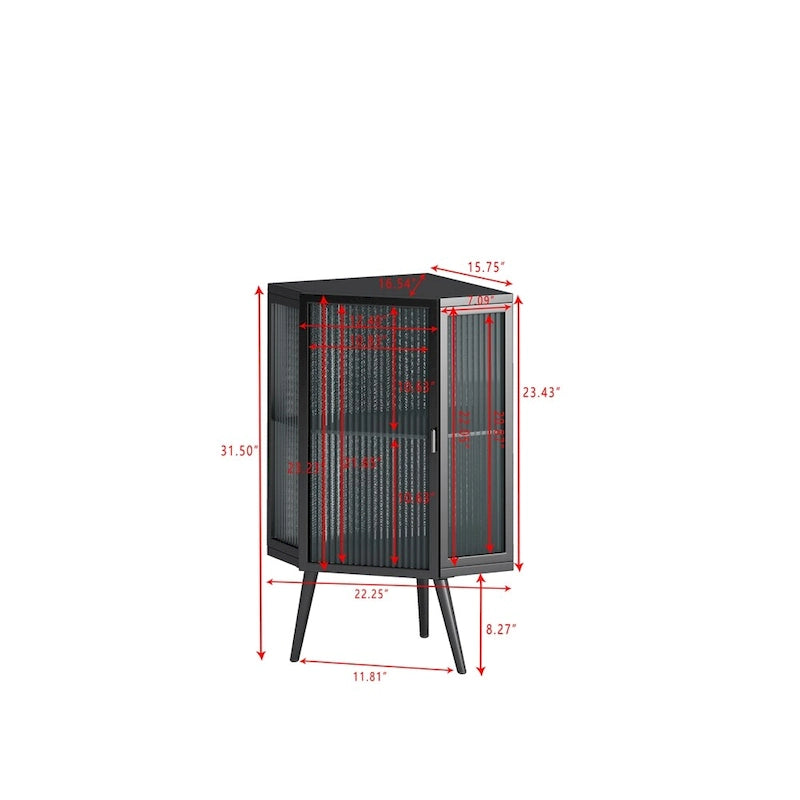 Meuble d'angle avec portes en verre trempé nervuré et cadre en métal noir