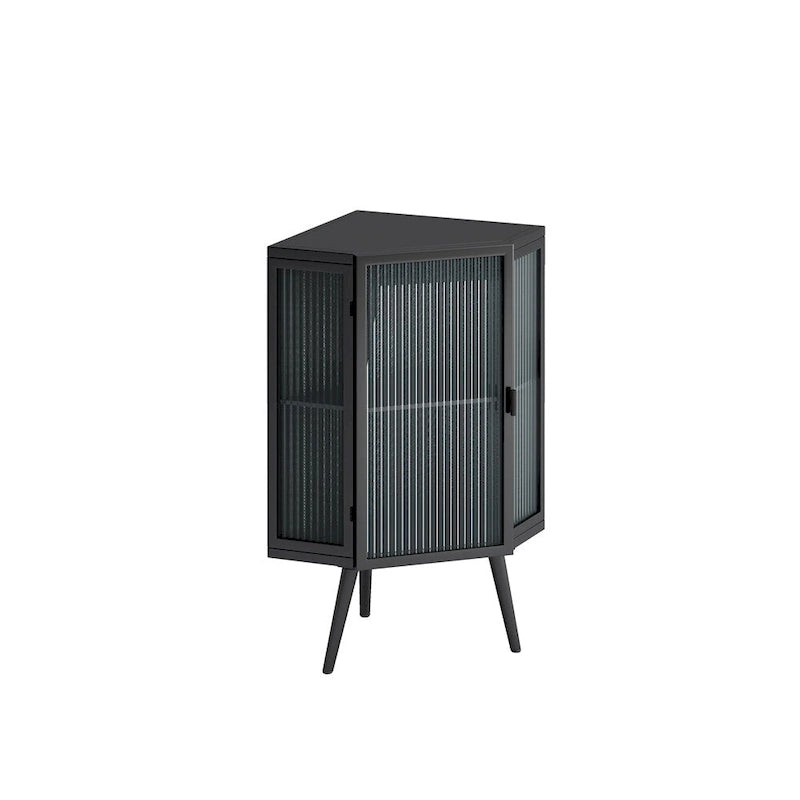 Meuble d'angle avec portes en verre trempé nervuré et cadre en métal noir