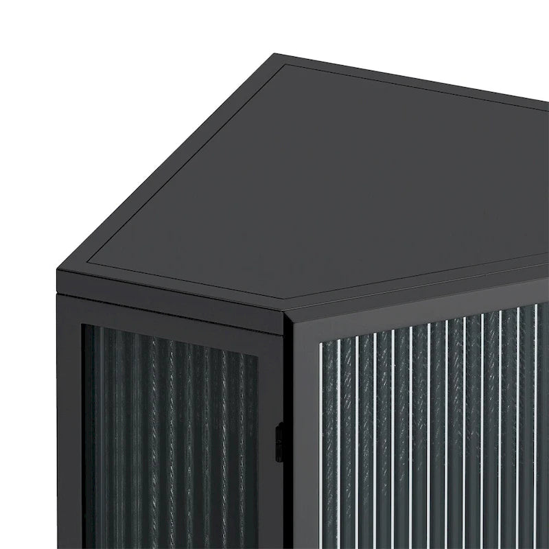 Meuble d'angle avec portes en verre trempé nervuré et cadre en métal noir