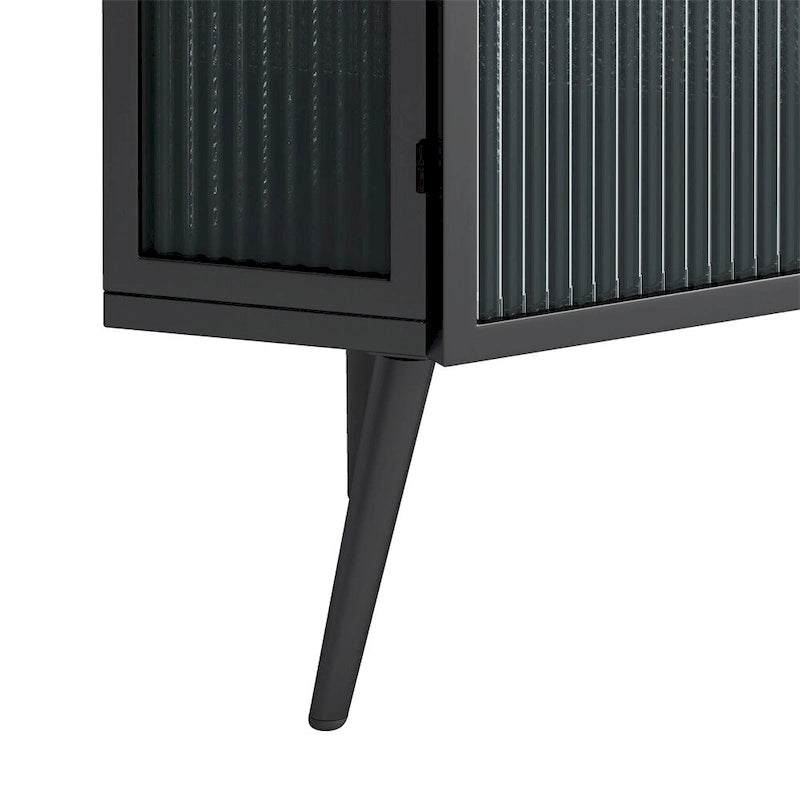 Meuble d'angle avec portes en verre trempé nervuré et cadre en métal noir