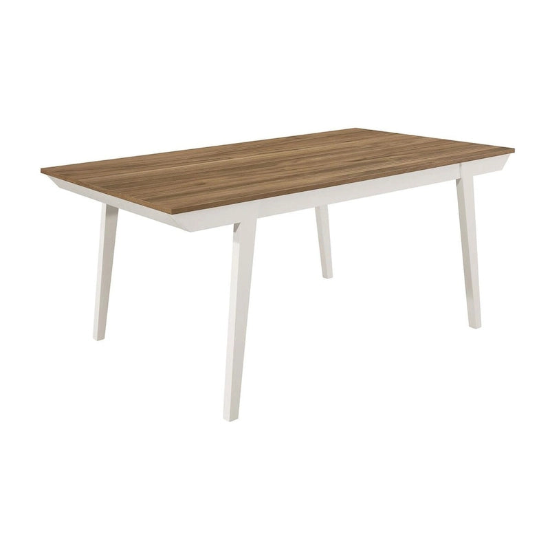 Table à manger rectangulaire bicolore avec plateau en placage d'acacia et pieds évasés blanc cassé