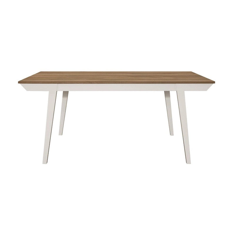 Table à manger rectangulaire bicolore avec plateau en placage d'acacia et pieds évasés blanc cassé