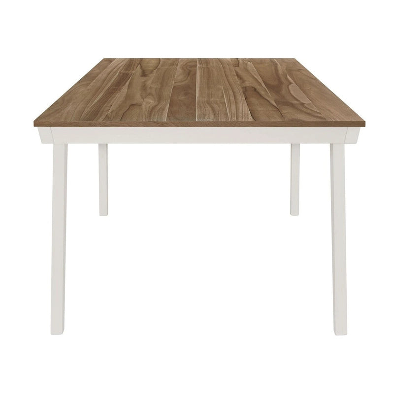 Table à manger rectangulaire bicolore avec plateau en placage d'acacia et pieds évasés blanc cassé