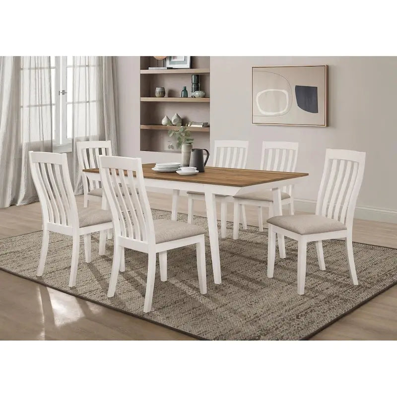 Table à manger rectangulaire bicolore avec plateau en placage d'acacia et pieds évasés blanc cassé