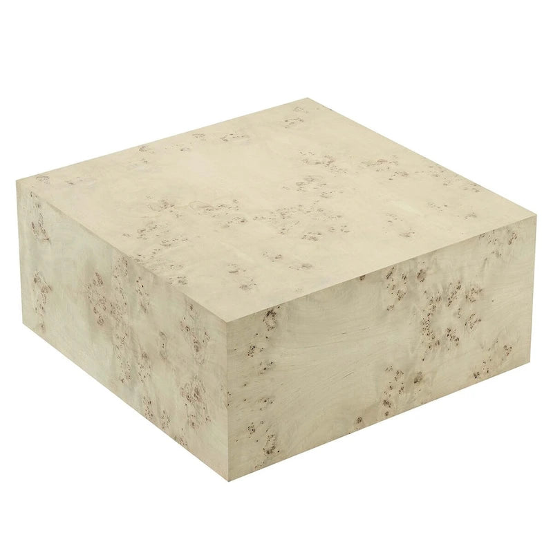 Table basse à socle carré avec placage en loupe de Mappa et pieds réglables Loupe blanchie