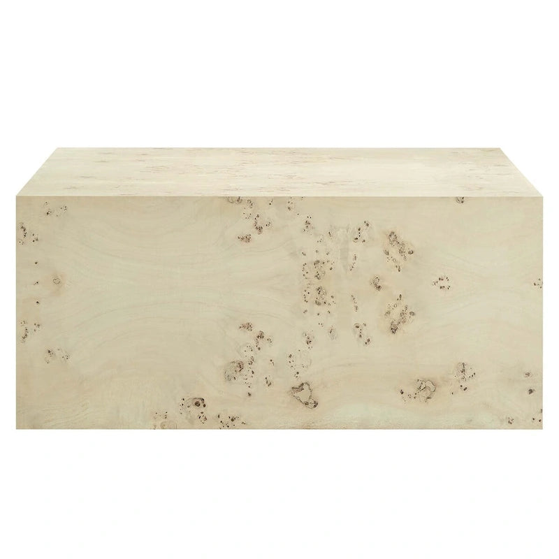 Table basse à socle carré avec placage en loupe de Mappa et pieds réglables Loupe blanchie