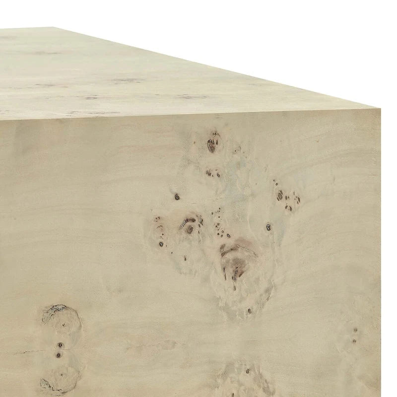Table basse à socle carré avec placage en loupe de Mappa et pieds réglables Loupe blanchie