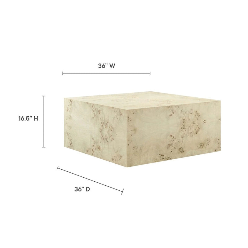Table basse à socle carré avec placage en loupe de Mappa et pieds réglables Loupe blanchie
