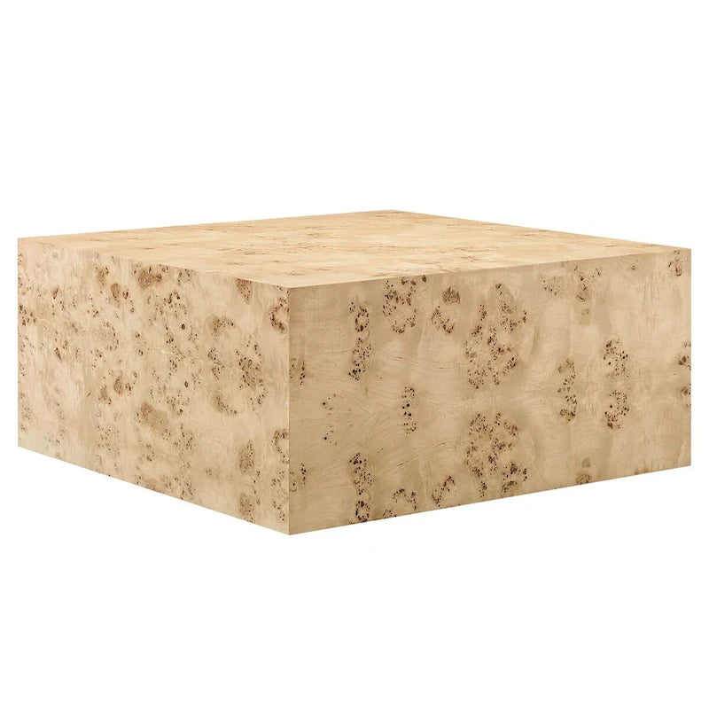 Table basse à socle carré avec placage en loupe de Mappa et pieds réglables Loupe blanchie