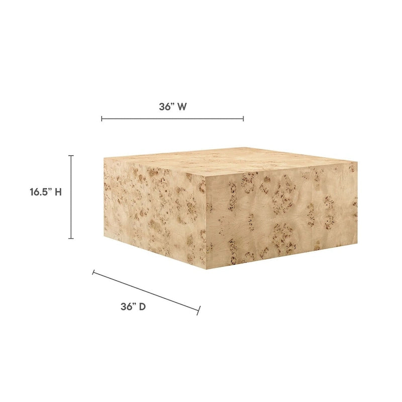 Table basse à socle carré avec placage en loupe de Mappa et pieds réglables Loupe blanchie